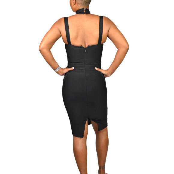 Black Bandage Dress Bodycon Pencil Low Cut Sweetheart LBD Sleeveless Strap Small - Picture 2 of 14